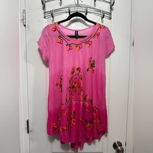 True Rock Tunic Top Women’s Free Size Pink Colorful Embroidered Boho Hippie Y2K